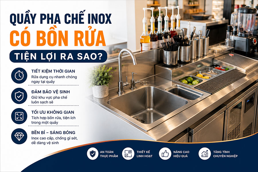 Quầy pha chế inox cao cấp có bồn rửa phù hợp quán cà phê và trà sữa