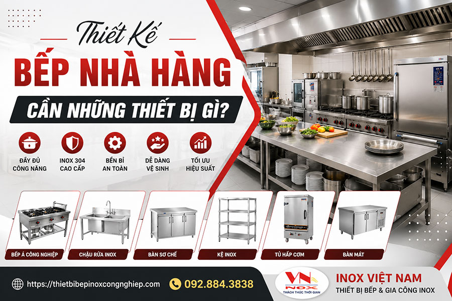 Hệ thống thiết bị bếp nhà hàng inox 304 cần có cho khu bếp chuyên nghiệp hiện đại.