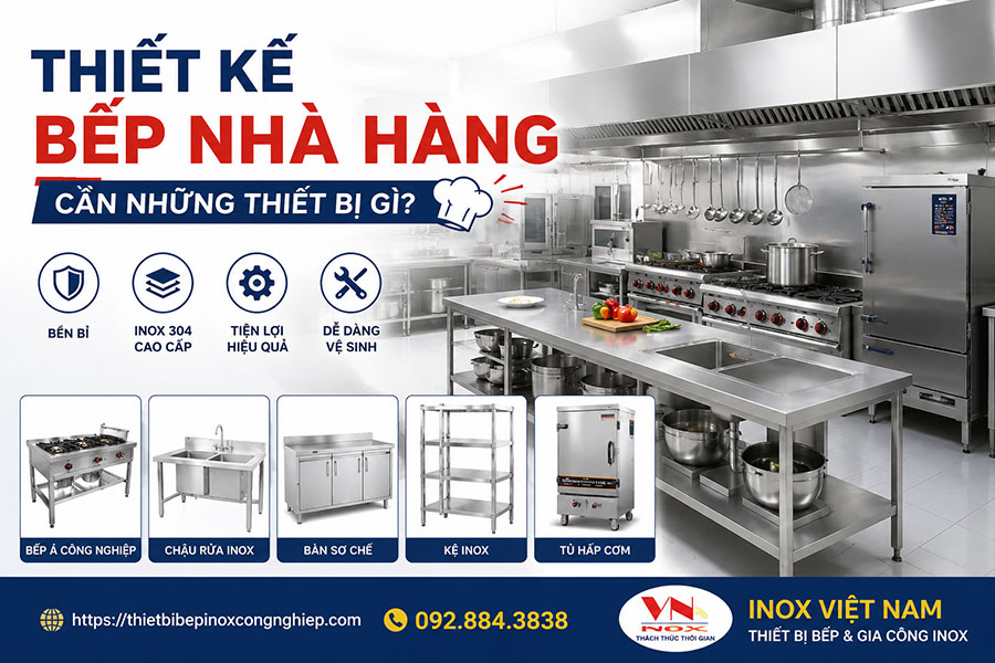 Thiết kế bếp nhà hàng cần những thiết bị gì? Hệ thống bếp inox công nghiệp gồm bếp Á, bàn sơ chế, chậu rửa, kệ inox và tủ hấp cơm hiện đại.