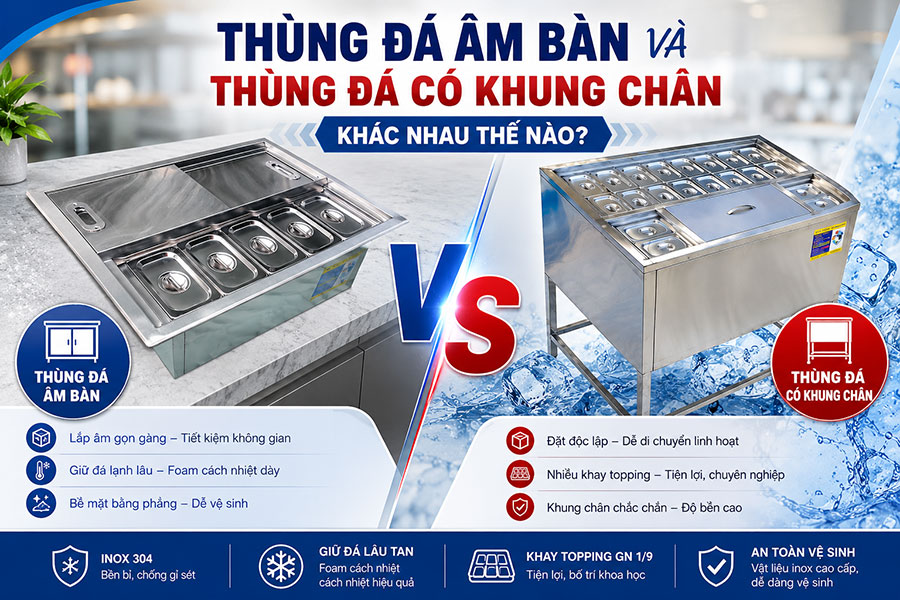 Thùng đá âm bàn và thùng đá có khung chân – Đâu là lựa chọn phù hợp cho quầy pha chế?