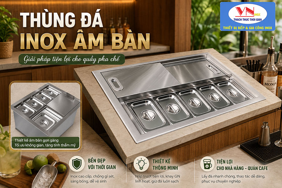 Thùng đá inox âm bàn Inox Việt Nam thiết kế bền đẹp cho quầy bar chuyên nghiệp