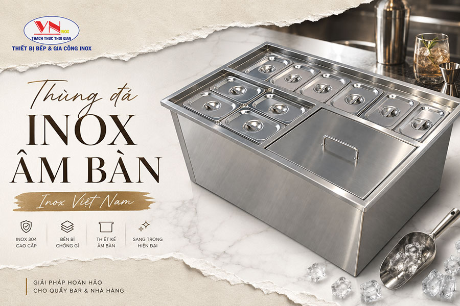 Thùng đá âm bàn inox 304 có khay topping tiện lợi cho quầy pha chế