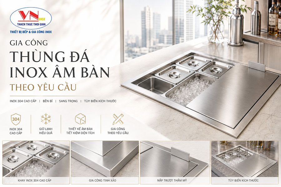 Gia công thùng đá inox âm bàn theo kích thước quầy pha chế và nhu cầu sử dụng