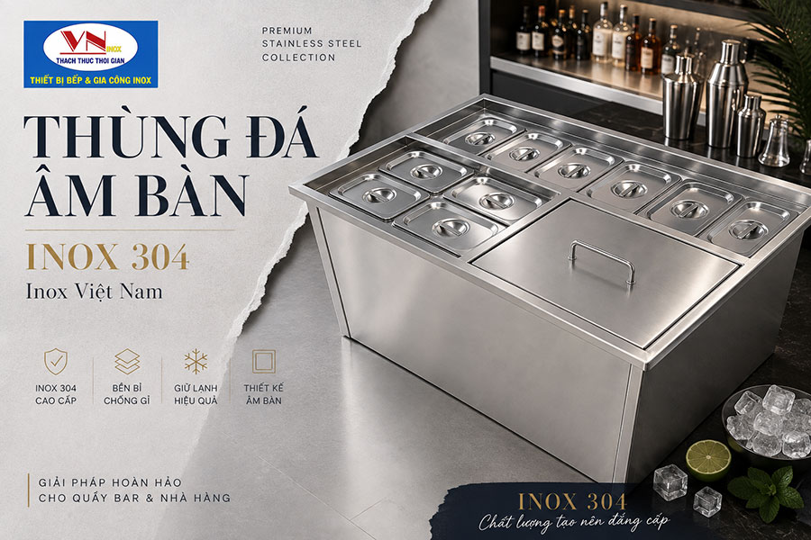 Thùng đá inox 304 âm bàn cao cấp dùng cho quán cafe trà sữa và nhà hàng