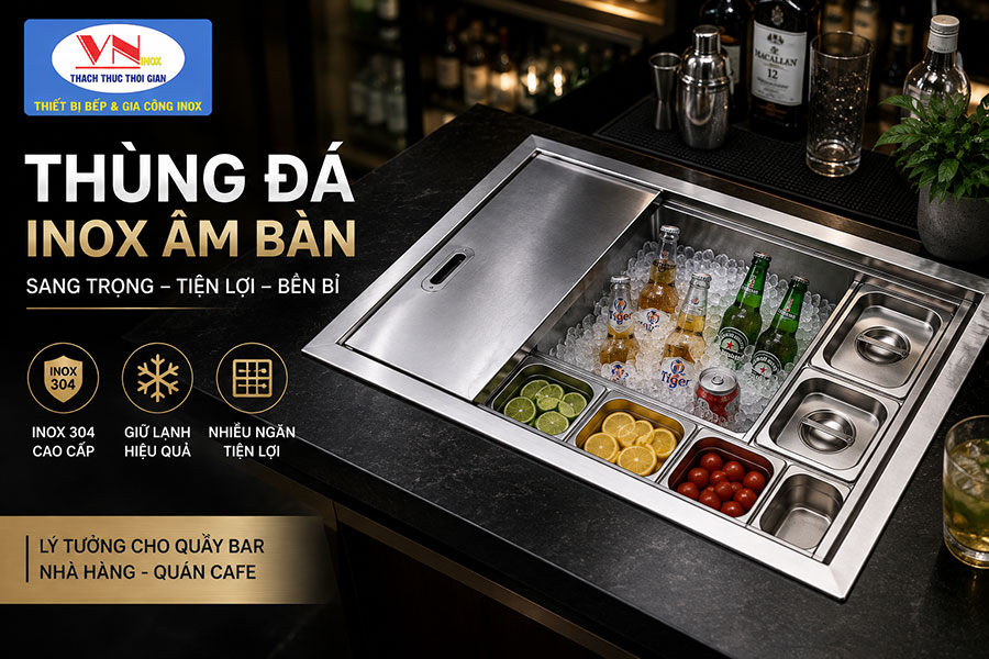 Thùng đá inox âm bàn có nhiều khay topping phục vụ pha chế chuyên nghiệp