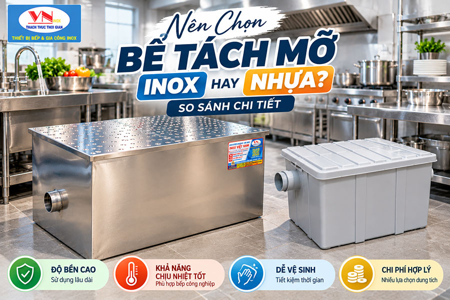 So sánh bể tách mỡ inox và nhựa giúp lựa chọn thiết bị phù hợp về độ bền, khả năng chịu nhiệt và chi phí sử dụng