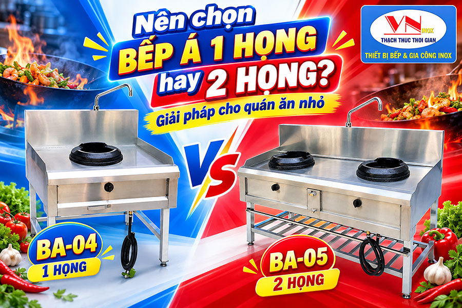 Bếp Á 1 họng tiết kiệm không gian, dễ thao tác và bếp Á 2 họng tăng khả năng phục vụ, phù hợp với nhiều mô hình quán cơm, quán nhậu.