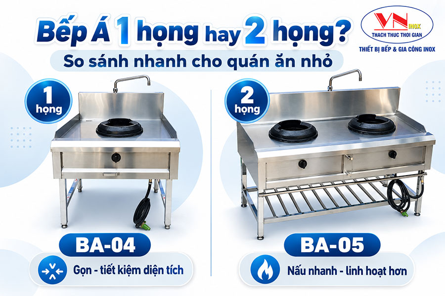 Bếp Á 1 họng và 2 họng Inox Việt Nam sở hữu thiết kế inox 304 sáng đẹp, chắc chắn, bền bỉ và đáp ứng linh hoạt nhu cầu xào nấu tại quán ăn nhỏ.