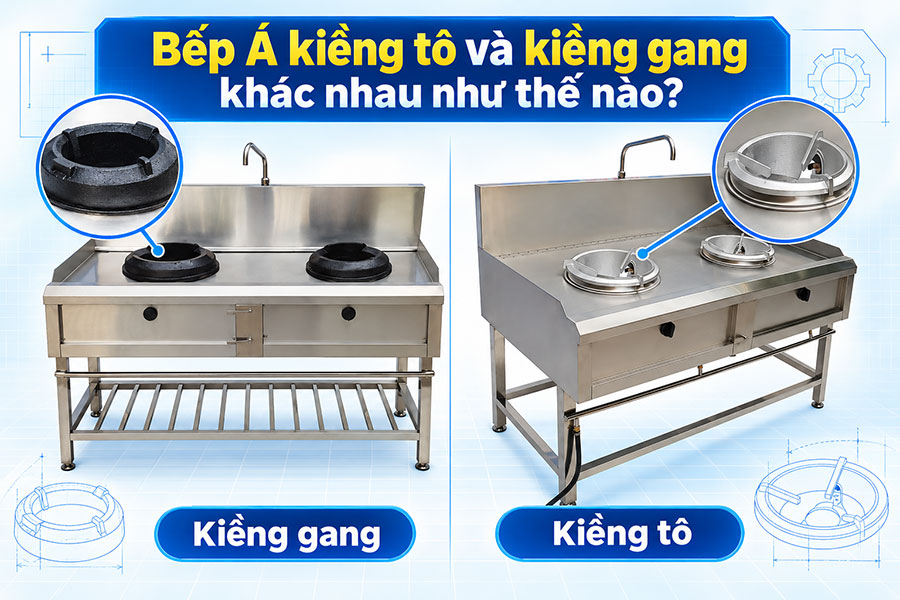 Bếp Á kiềng tô nổi bật với thiết kế phù hợp chảo đáy tròn, trong khi bếp Á kiềng gang gây ấn tượng nhờ bộ kiềng chắc chắn và khả năng chịu nhiệt tốt.