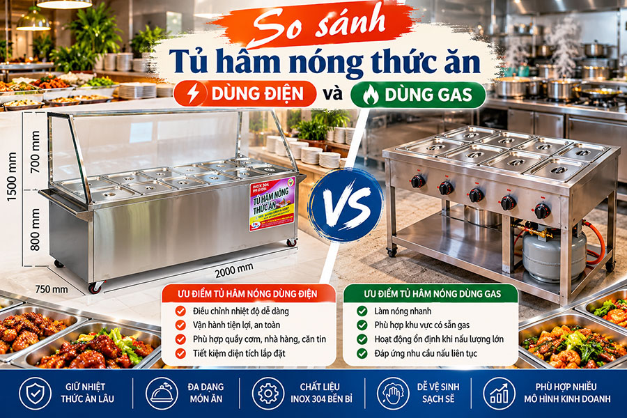 Nên lựa chọn tủ hâm nóng thức ăn bằng điện hay gas để giữ món ăn nóng hổi và phục vụ thực khách tốt hơn?