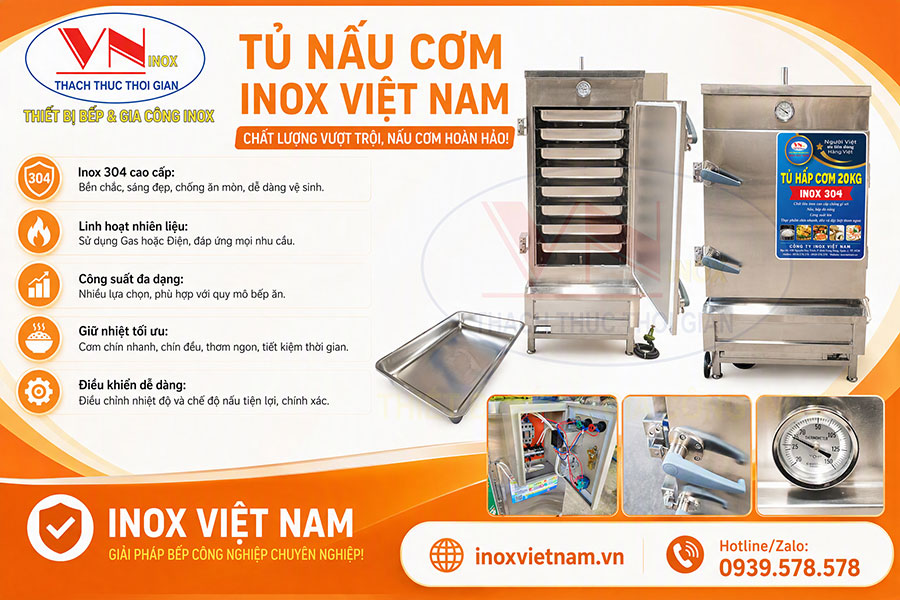 Tủ nấu cơm công nghiệp sử dụng hơi nước để làm chín nhiều loại thực phẩm